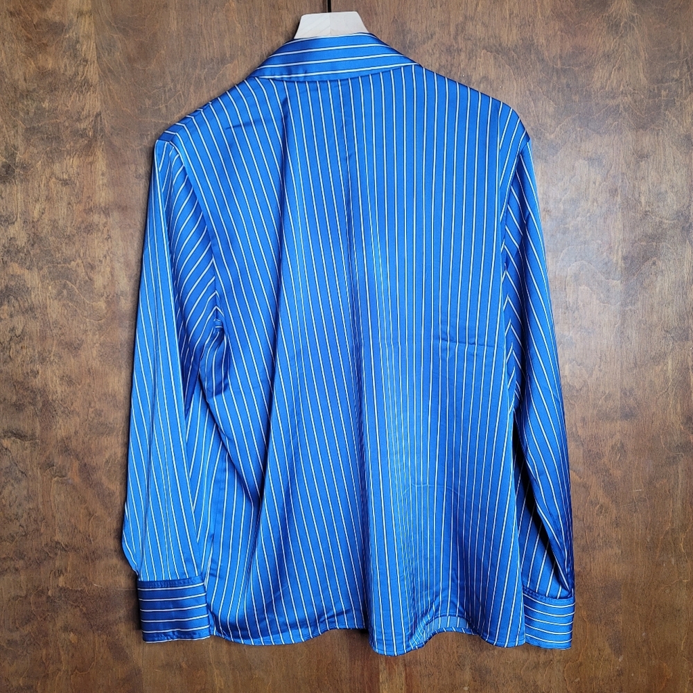 Jones and Co suiting stripe silky button up collared shirt blue black white XL - Picture 7 of 8